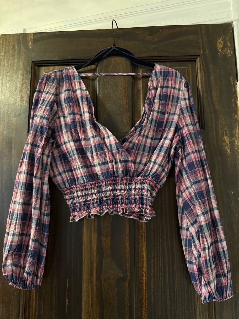 Zara Plaid Smocked-Waist Long Sleeve Top - Pink & Blue